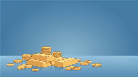Minimal flat illustration of gold bars and coins, wide shot with open space at the top for text, cool blue tones, quiet atmosphere, 16:9 aspect ratio