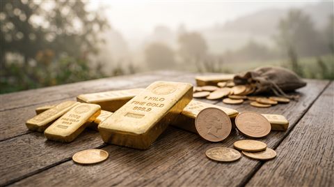 Photorealistic photo of gold bars and coins, close-up detail with shallow depth of field, misty morning haze, dreamy, 16:9 aspect ratio