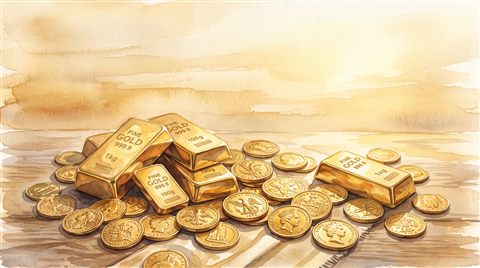 Watercolor illustration of gold bars and coins, wide shot with open space at the top for text, warm golden light, calm mood, 16:9 aspect ratio
