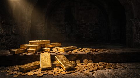 Photorealistic photo of gold bars and coins, wide shot with open space at the top for text, moody dark tones, dramatic lighting, 16:9 aspect ratio
