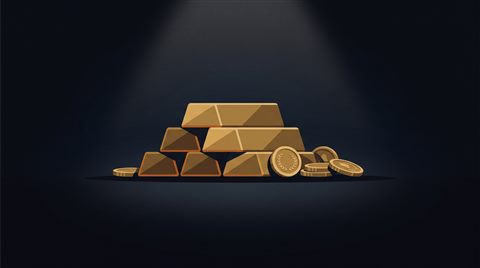 Minimal flat illustration of gold bars and coins, centered subject with a simple uncluttered composition, moody dark tones, dramatic lighting, 16:9 aspect ratio