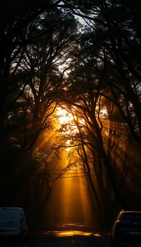 Photorealistic photo of Warm golden sunlight filtering through a peaceful forest canopy during late afternoon, wide shot with open space at the top for text, moody dark tones, dramatic lighting, 9:16 aspect ratio