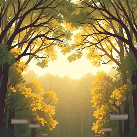 Minimal flat illustration of Warm golden sunlight filtering through a peaceful forest canopy during late afternoon, high-angle view from above, soft pastel colors, bright and cozy, 1:1 aspect ratio