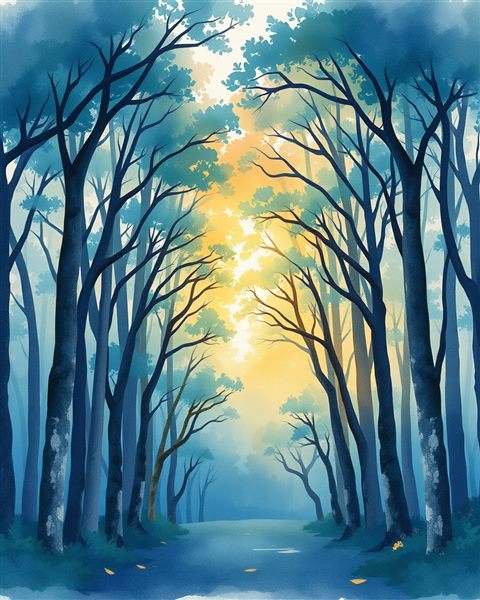 Watercolor illustration of Warm golden sunlight filtering through a peaceful forest canopy during late afternoon, centered subject with a simple uncluttered composition, cool blue tones, quiet atmosphere, 4:5 aspect ratio