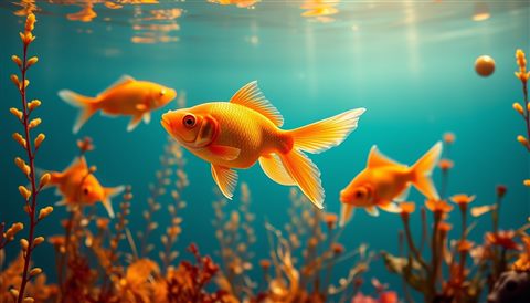Photorealistic photo of Bright orange goldfish swimming gracefully in clear blue water with aquatic plants, wide shot with open space at the top for text, warm golden light, calm mood, 16:9 aspect ratio