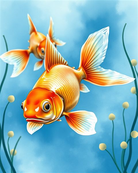 Watercolor illustration of Bright orange goldfish swimming gracefully in clear blue water with aquatic plants, close-up detail with shallow depth of field, cool blue tones, quiet atmosphere, 4:5 aspect ratio
