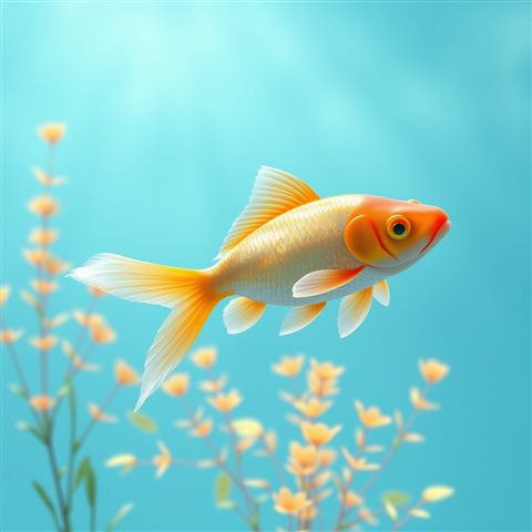 Soft 3D render of Bright orange goldfish swimming gracefully in clear blue water with aquatic plants, centered subject with a simple uncluttered composition, misty morning haze, dreamy, 1:1 aspect ratio