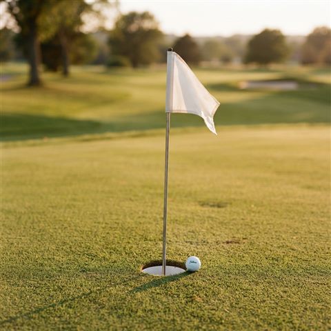 Photorealistic photo of a golf course green with a flag, close-up detail with shallow depth of field, warm golden light, calm mood, 1:1 aspect ratio