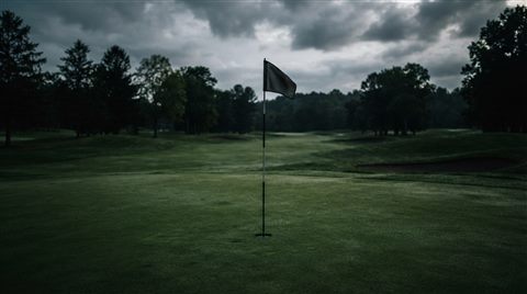 Photorealistic photo of a golf course green with a flag, centered subject with a simple uncluttered composition, moody dark tones, dramatic lighting, 16:9 aspect ratio