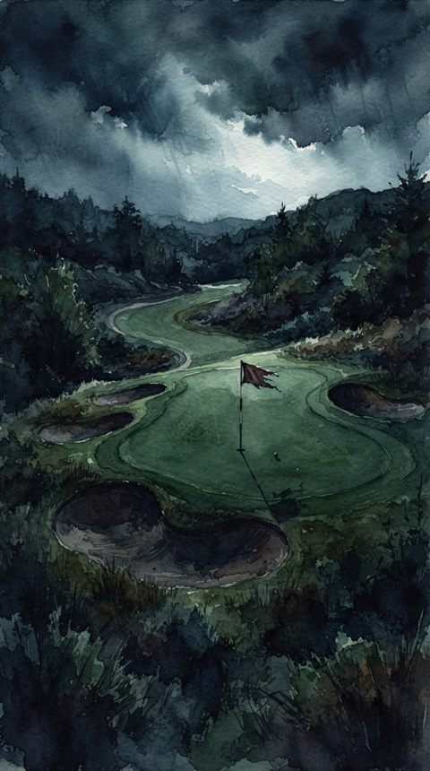 Watercolor illustration of a golf course green with a flag, high-angle view from above, moody dark tones, dramatic lighting, 9:16 aspect ratio