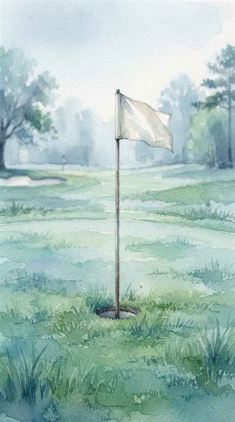 Watercolor illustration of a golf course green with a flag, close-up detail with shallow depth of field, cool blue tones, quiet atmosphere, 9:16 aspect ratio