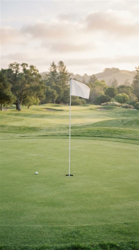 Cinematic film still of a golf course green with a flag, centered subject with a simple uncluttered composition, soft pastel colors, bright and cozy, 9:16 aspect ratio