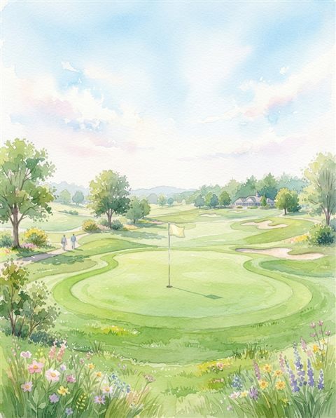 Watercolor illustration of a golf course green with a flag, wide shot with open space at the top for text, soft pastel colors, bright and cozy, 4:5 aspect ratio