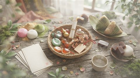 Soft 3D render of lucky charms and traditional sweets for passing an exam, high-angle view from above, misty morning haze, dreamy, 16:9 aspect ratio