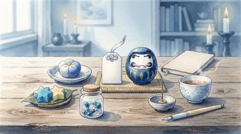 Watercolor illustration of lucky charms and traditional sweets for passing an exam, centered subject with a simple uncluttered composition, cool blue tones, quiet atmosphere, 16:9 aspect ratio