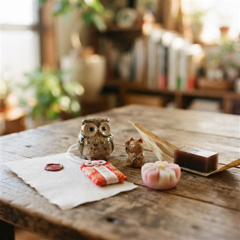 Photorealistic photo of lucky charms and traditional sweets for passing an exam, close-up detail with shallow depth of field, warm golden light, calm mood, 1:1 aspect ratio