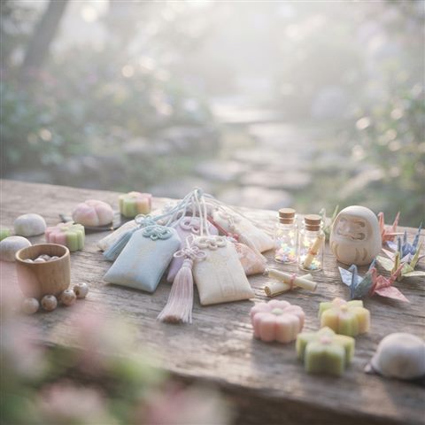 Soft 3D render of lucky charms and traditional sweets for passing an exam, close-up detail with shallow depth of field, misty morning haze, dreamy, 1:1 aspect ratio