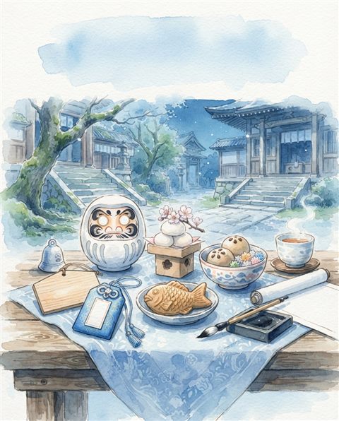 Watercolor illustration of lucky charms and traditional sweets for passing an exam, wide shot with open space at the top for text, cool blue tones, quiet atmosphere, 4:5 aspect ratio