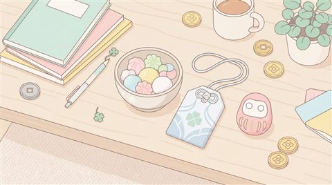 Minimal flat illustration of lucky charms and traditional sweets for passing an exam, high-angle view from above, soft pastel colors, bright and cozy, 16:9 aspect ratio