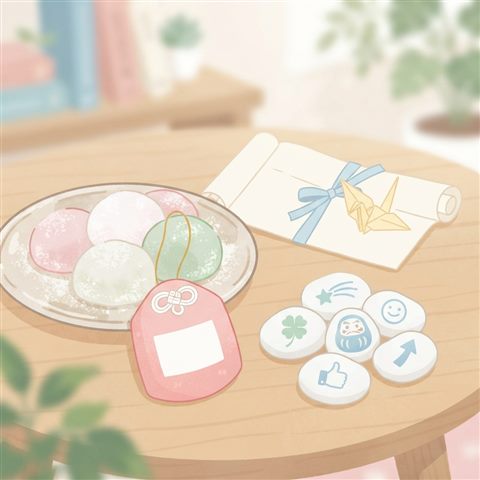 Minimal flat illustration of lucky charms and traditional sweets for passing an exam, close-up detail with shallow depth of field, soft pastel colors, bright and cozy, 1:1 aspect ratio