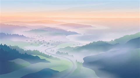 Minimal flat illustration of smooth color gradient, high-angle view from above, misty morning haze, dreamy, 16:9 aspect ratio