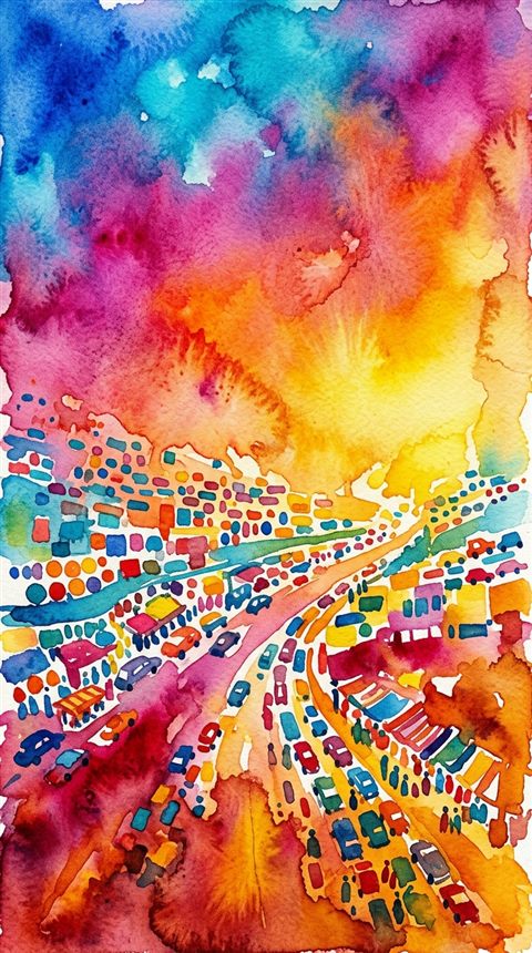 Watercolor illustration of smooth color gradient, high-angle view from above, vivid colors, high contrast, energetic, 9:16 aspect ratio