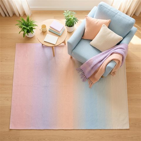 Photorealistic photo of smooth color gradient, high-angle view from above, soft pastel colors, bright and cozy, 1:1 aspect ratio