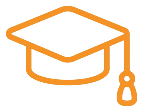 Rounded line icon, thick orange outline of a graduation cap icon, transparent background PNG