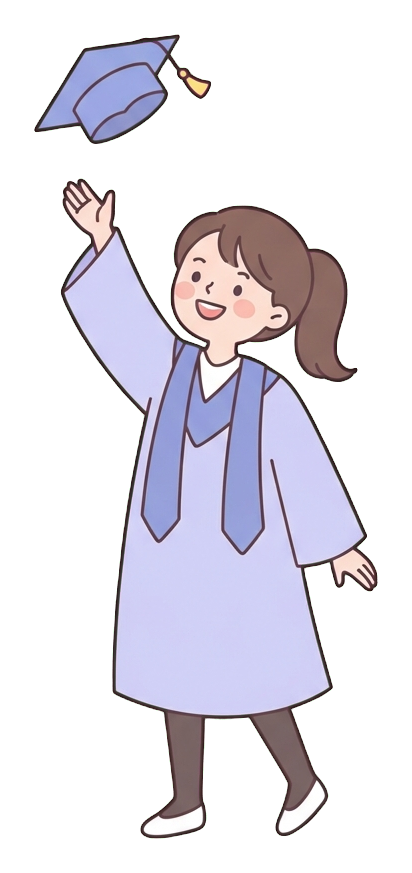 Simple cute flat cartoon illustration with soft pastel colors and thin clean dark outlines of a university student woman, graduate in a cap and gown throwing the cap in the air, transparent background PNG