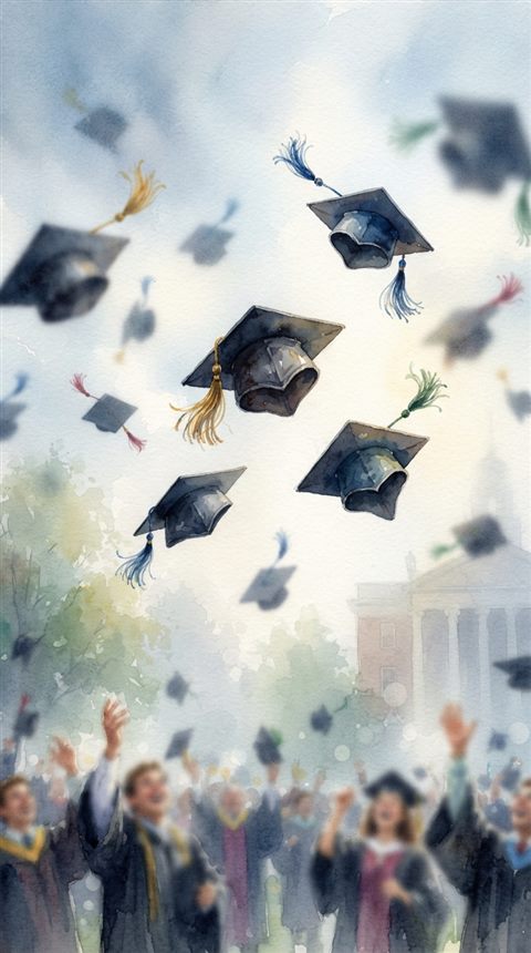 Watercolor illustration of graduation caps tossed into the sky, close-up detail with shallow depth of field, misty morning haze, dreamy, 9:16 aspect ratio