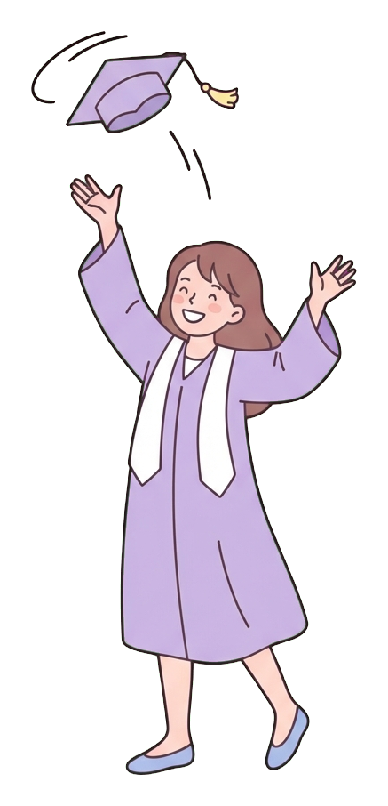 Simple cute flat cartoon illustration with soft pastel colors and thin clean dark outlines of a high school girl, graduate in a cap and gown throwing the cap in the air, transparent background PNG
