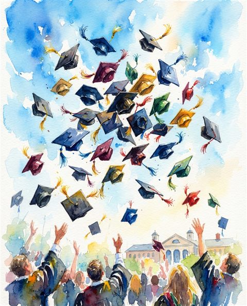 Watercolor illustration of graduation caps tossed into the sky, centered subject with a simple uncluttered composition, vivid colors, high contrast, energetic, 4:5 aspect ratio