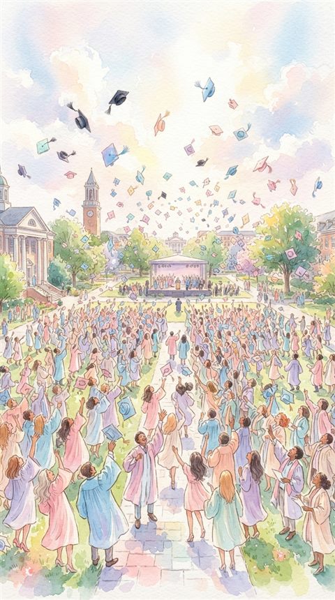 Watercolor illustration of graduation caps tossed into the sky, high-angle view from above, soft pastel colors, bright and cozy, 9:16 aspect ratio