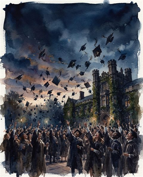 Watercolor illustration of graduation caps tossed into the sky, wide shot with open space at the top for text, moody dark tones, dramatic lighting, 4:5 aspect ratio