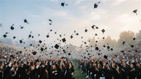 Photorealistic photo of graduation caps tossed into the sky, wide shot with open space at the top for text, misty morning haze, dreamy, 16:9 aspect ratio