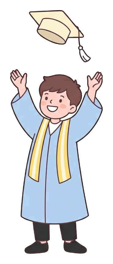 Simple cute flat cartoon illustration with soft pastel colors and thin clean dark outlines of a high school boy, graduate in a cap and gown throwing the cap in the air, transparent background PNG