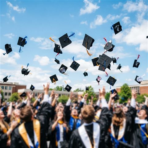 Photorealistic photo of graduation caps tossed into the sky, close-up detail with shallow depth of field, vivid colors, high contrast, energetic, 1:1 aspect ratio