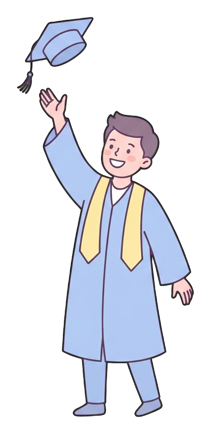 Simple cute flat cartoon illustration with soft pastel colors and thin clean dark outlines of a university student man, graduate in a cap and gown throwing the cap in the air, transparent background PNG