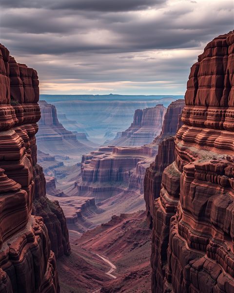 Photorealistic photo of Massive layered red rock canyon cliffs stretching endlessly under a vast desert sky, close-up detail with shallow depth of field, moody dark tones, dramatic lighting, 4:5 aspect ratio