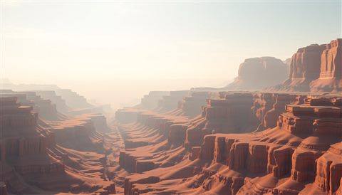 Soft 3D render of Massive layered red rock canyon cliffs stretching endlessly under a vast desert sky, wide shot with open space at the top for text, misty morning haze, dreamy, 16:9 aspect ratio