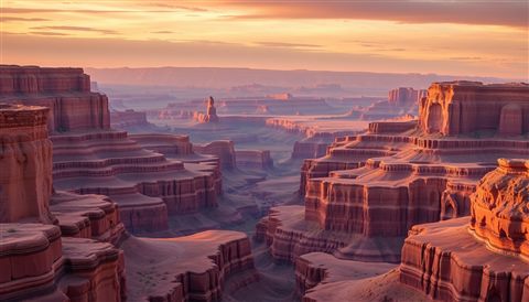 Photorealistic photo of Massive layered red rock canyon cliffs stretching endlessly under a vast desert sky, wide shot with open space at the top for text, warm golden light, calm mood, 16:9 aspect ratio