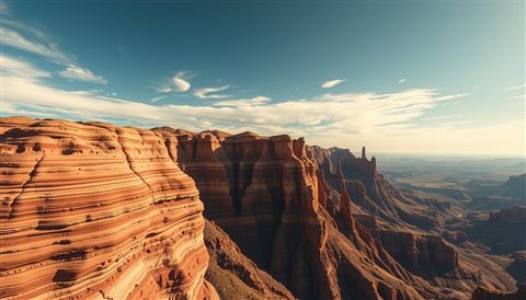 Cinematic film still of Massive layered red rock canyon cliffs stretching endlessly under a vast desert sky, high-angle view from above, vivid colors, high contrast, energetic, 16:9 aspect ratio