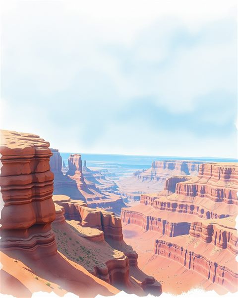 Watercolor illustration of Massive layered red rock canyon cliffs stretching endlessly under a vast desert sky, close-up detail with shallow depth of field, cool blue tones, quiet atmosphere, 4:5 aspect ratio