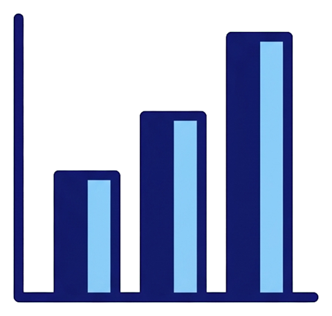 Duotone icon, navy blue and light blue of a rising bar chart icon, transparent background PNG