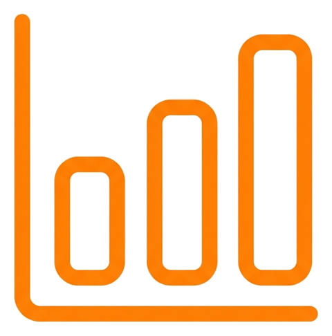 Rounded line icon, thick orange outline of a rising bar chart icon, transparent background PNG