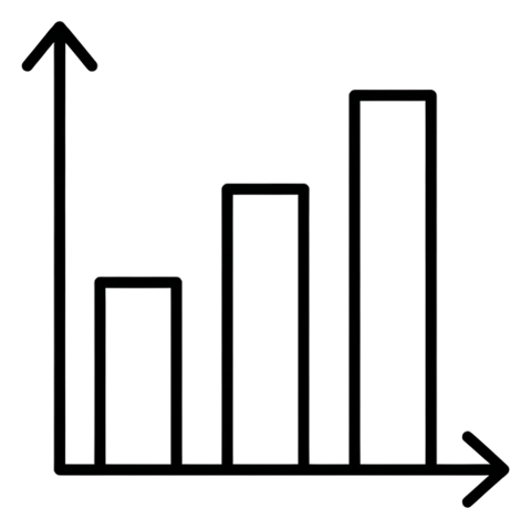 Thin black line icon, minimal outline of a rising bar chart icon, transparent background PNG