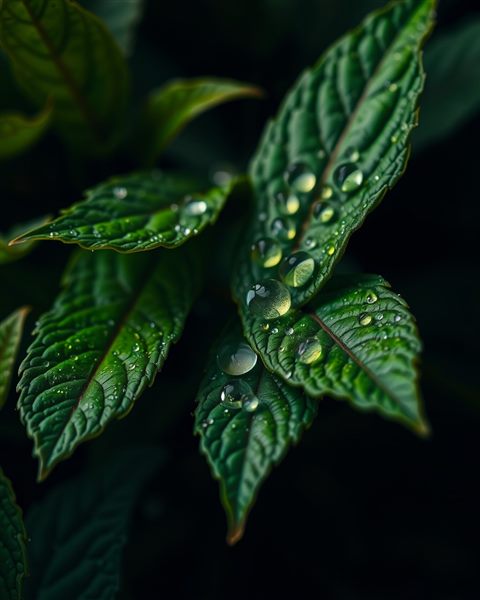 Photorealistic photo of Close-up of fresh, vibrant green leaves glistening with morning dew drops., close-up detail with shallow depth of field, moody dark tones, dramatic lighting, 4:5 aspect ratio