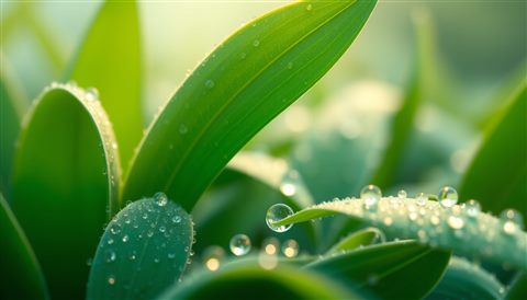 Soft 3D render of Close-up of fresh, vibrant green leaves glistening with morning dew drops., wide shot with open space at the top for text, misty morning haze, dreamy, 16:9 aspect ratio