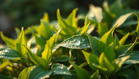 Photorealistic photo of Close-up of fresh, vibrant green leaves glistening with morning dew drops., wide shot with open space at the top for text, warm golden light, calm mood, 16:9 aspect ratio