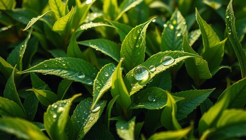 Cinematic film still of Close-up of fresh, vibrant green leaves glistening with morning dew drops., high-angle view from above, vivid colors, high contrast, energetic, 16:9 aspect ratio